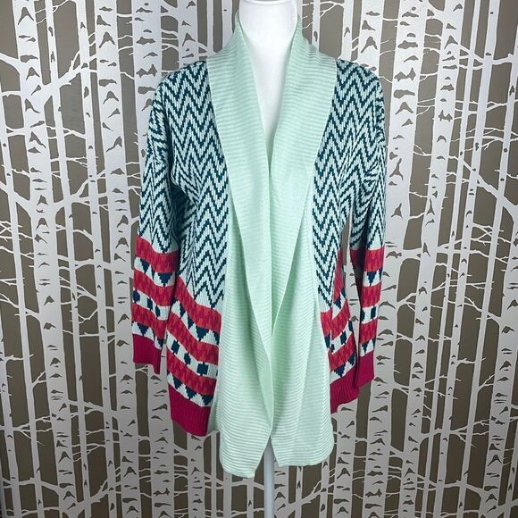 So It Is Aqua Teal Chevron Zig Zag Print Longline Open Front Cardigan sz M - Picture 1 of 5